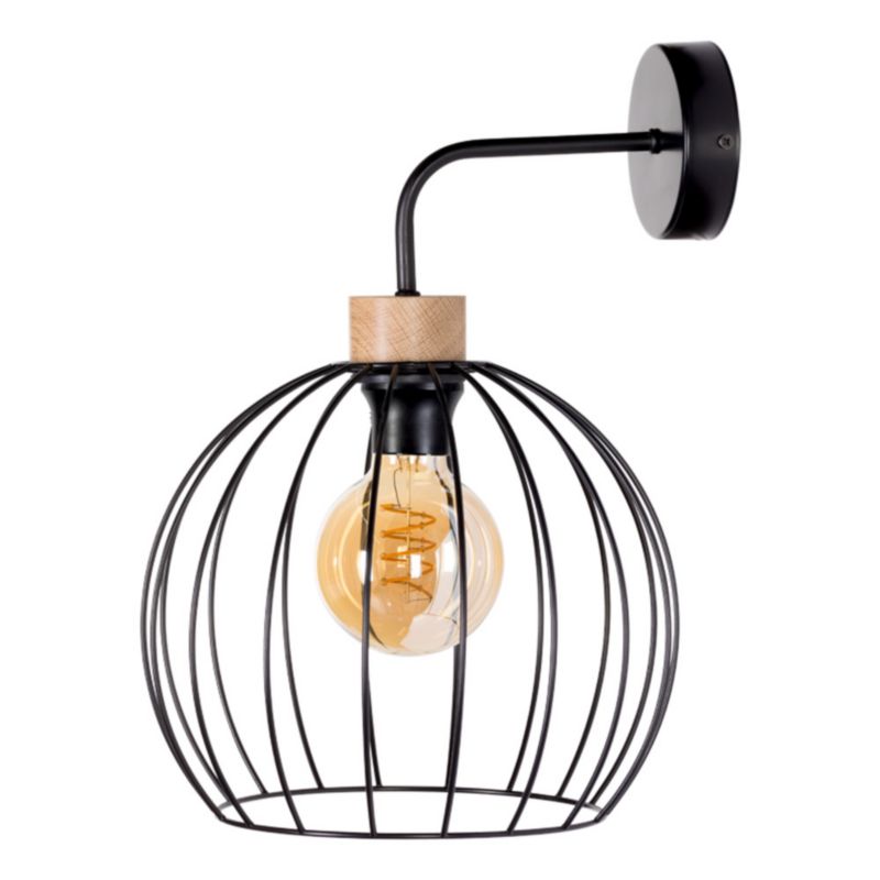 Trævæglampe SPOT Light 1xE27 Max. 60W Olieret Eg FSC med Sort Metalnetskærm, Polsk Producent, 1 stk.