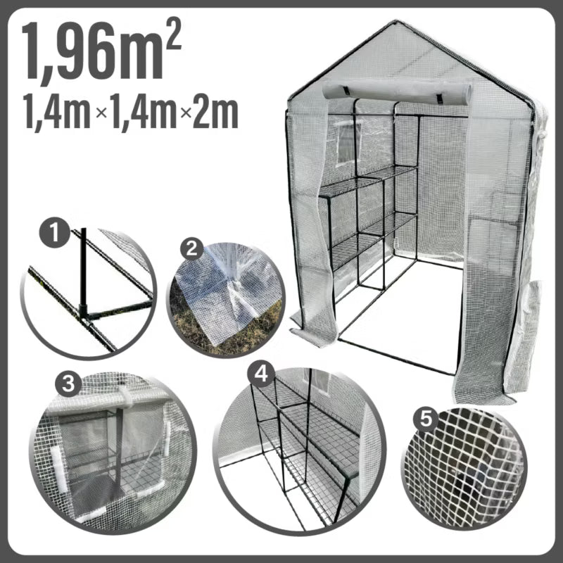 Drivhustunnel 140x140x200 cm Hvid med Hylder