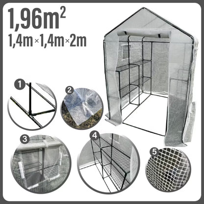 Drivhustunnel 140x140x200 cm Hvid med Hylder