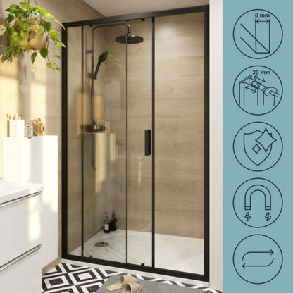 Skydedør til bruseniche 140 cm sort/transparent