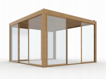 Skydedør Til Pergola 370x238 cm Hærdet Glas Aluminiumsramme Træfarve
