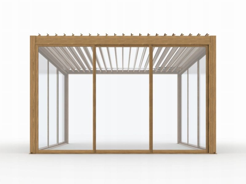 Skydedør Til Pergola 370x238 cm Hærdet Glas Aluminiumsramme Træfarve