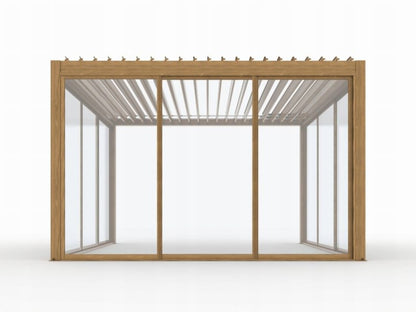 Skydedør Til Pergola 370x238 cm Hærdet Glas Aluminiumsramme Træfarve