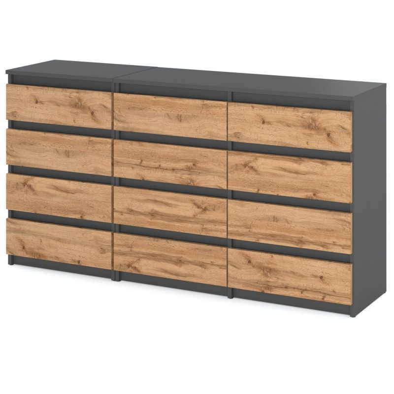 Komoda 12 Skuffer 180x33,5x92,5 cm Grå Mat Eg Wotan
