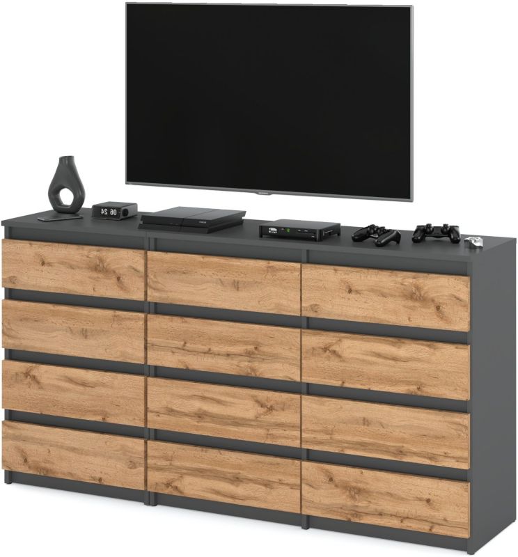 Komoda 12 Skuffer 180x33,5x92,5 cm Grå Mat Eg Wotan