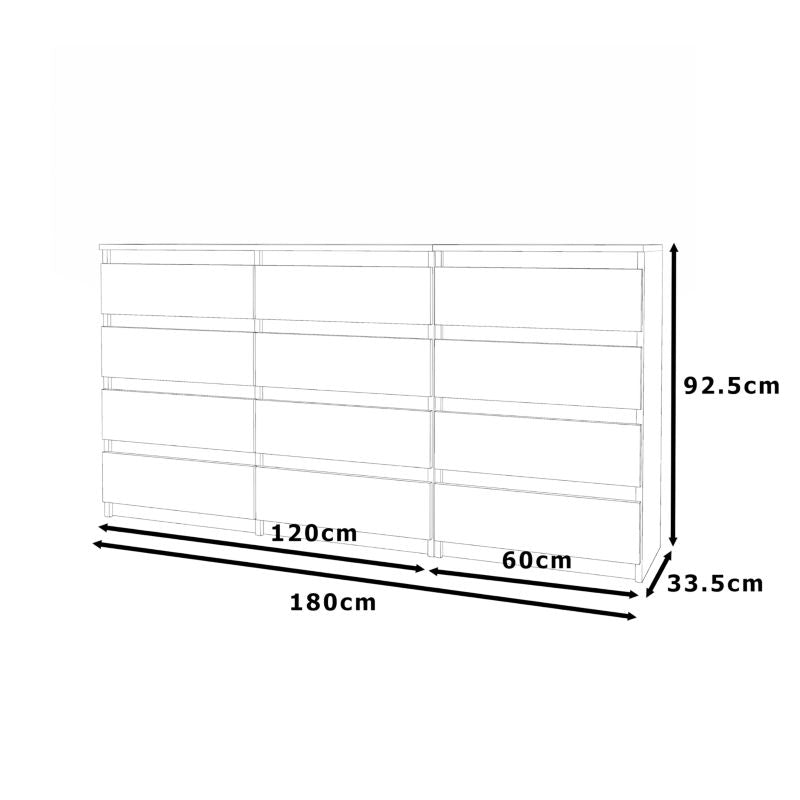 Komoda 12 Skuffer 180x33,5x92,5 cm Grå Mat Eg Wotan