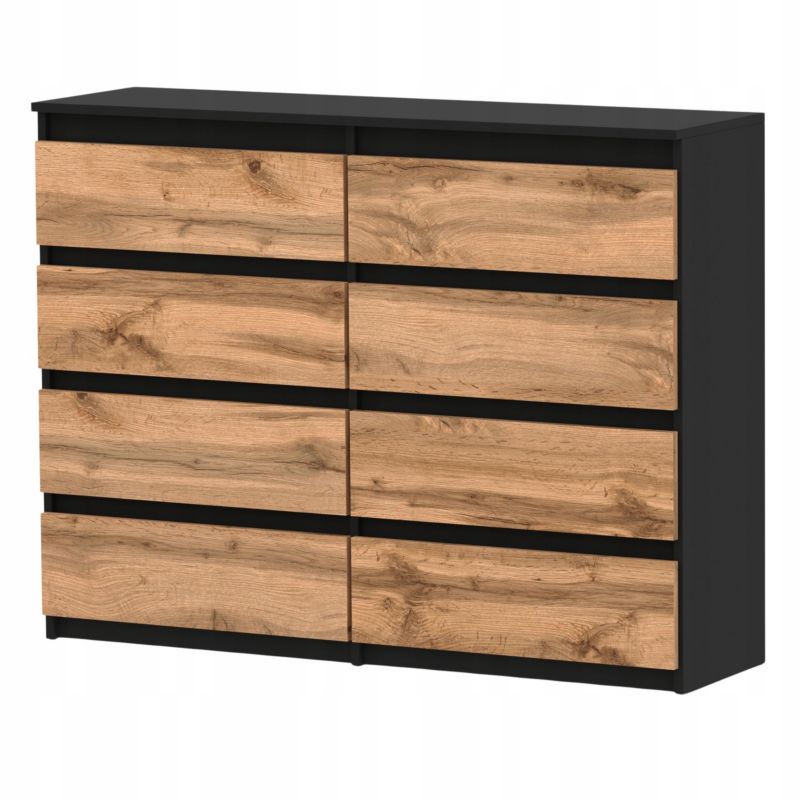 Kommode med 8 Skuffer Sort Mat / Eg Wotan 120x33,5x92,5 cm