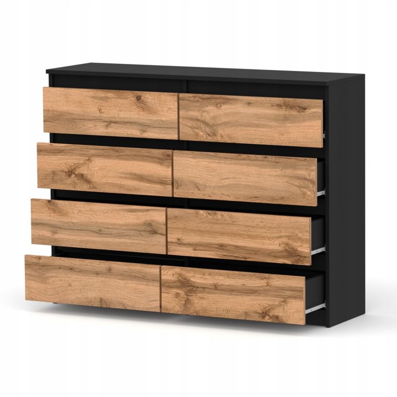 Kommode med 8 Skuffer Sort Mat / Eg Wotan 120x33,5x92,5 cm