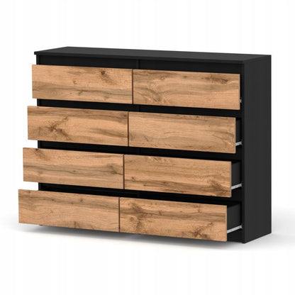 Kommode med 8 Skuffer Sort Mat / Eg Wotan 120x33,5x92,5 cm