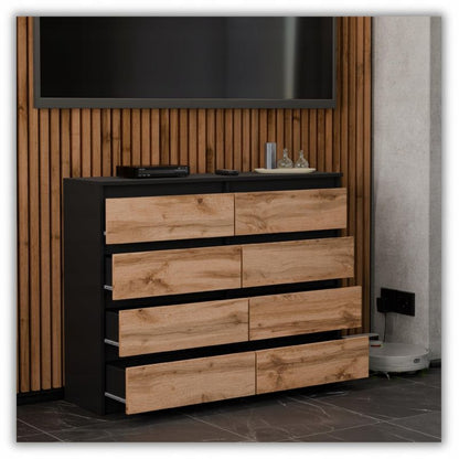 Kommode med 8 Skuffer Sort Mat / Eg Wotan 120x33,5x92,5 cm