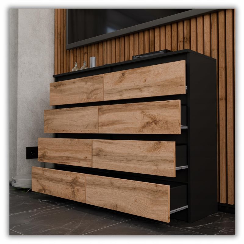 Kommode med 8 Skuffer Sort Mat / Eg Wotan 120x33,5x92,5 cm