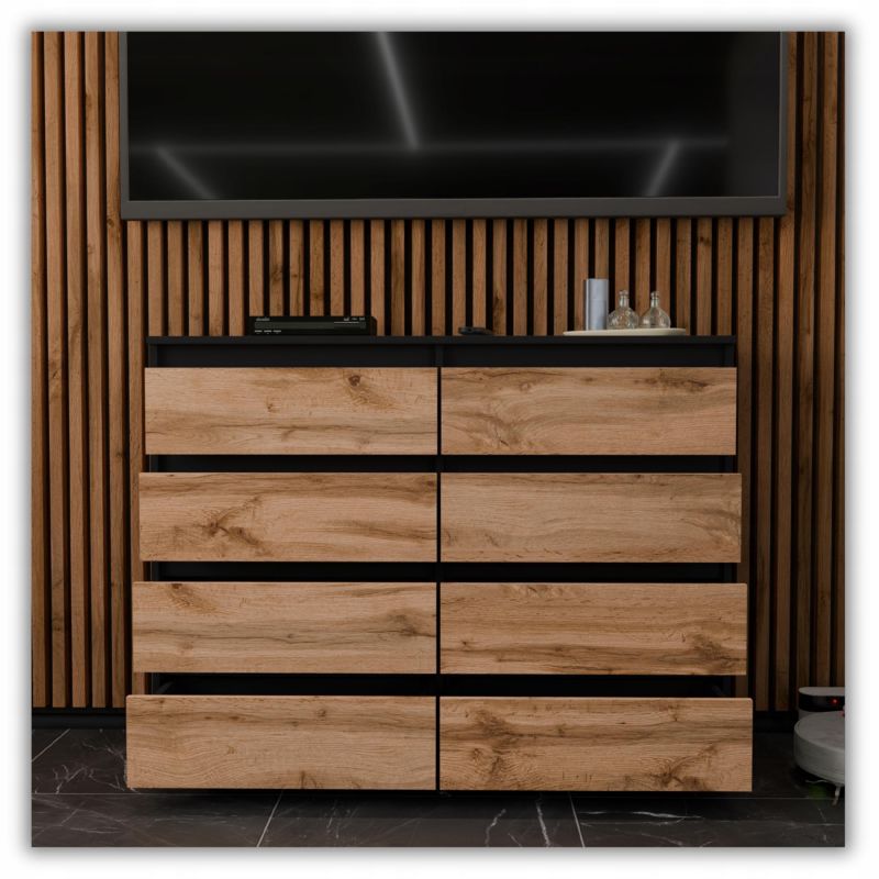 Kommode med 8 Skuffer Sort Mat / Eg Wotan 120x33,5x92,5 cm
