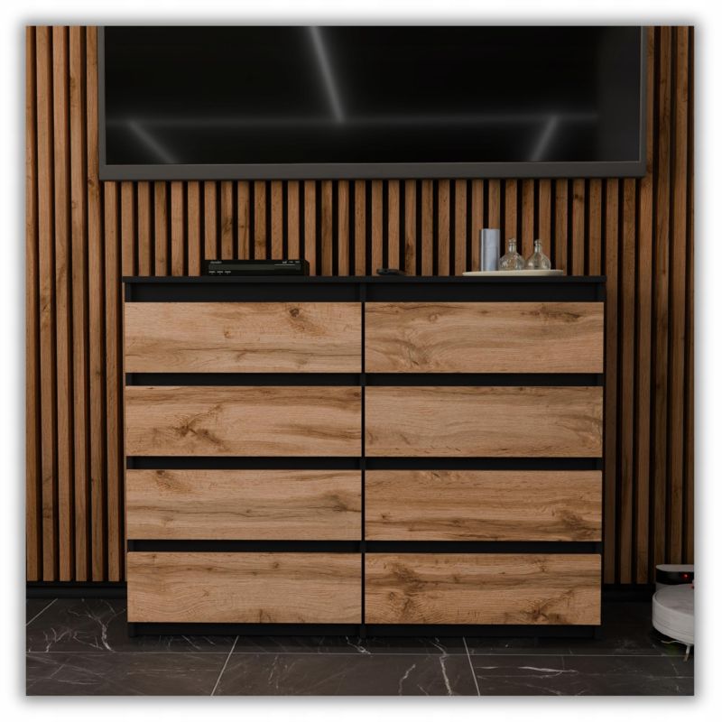 Kommode med 8 Skuffer Sort Mat / Eg Wotan 120x33,5x92,5 cm