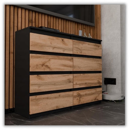 Kommode med 8 Skuffer Sort Mat / Eg Wotan 120x33,5x92,5 cm
