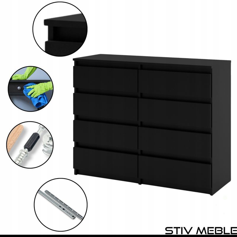 Kommode Med 8 Skuffer Sort Mat 120x33,5x92,5 Cm