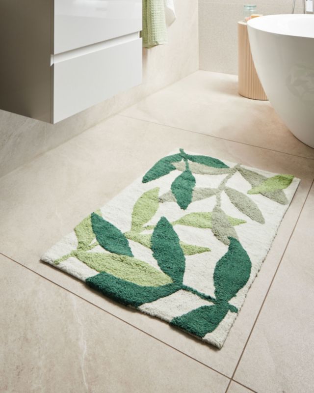 Bademåtte 60x90 cm Beige Grøn Bomuld Bladmønster