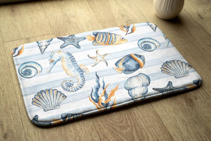 Tulup badeværelsesmåtte 75x45 cm med havdyr i polyester, hurtigtørrende, 1 stk.