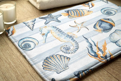 Tulup badeværelsesmåtte 75x45 cm med havdyr i polyester, hurtigtørrende, 1 stk.