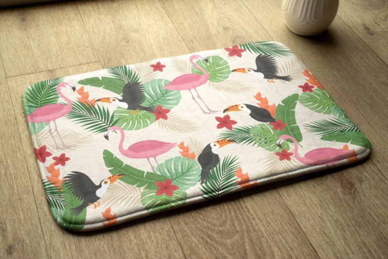 Tulup badeværelsesmåtte 75x45 cm med flamingo- og fugleprint, polyester, hurtigtørrende, 1 stk.