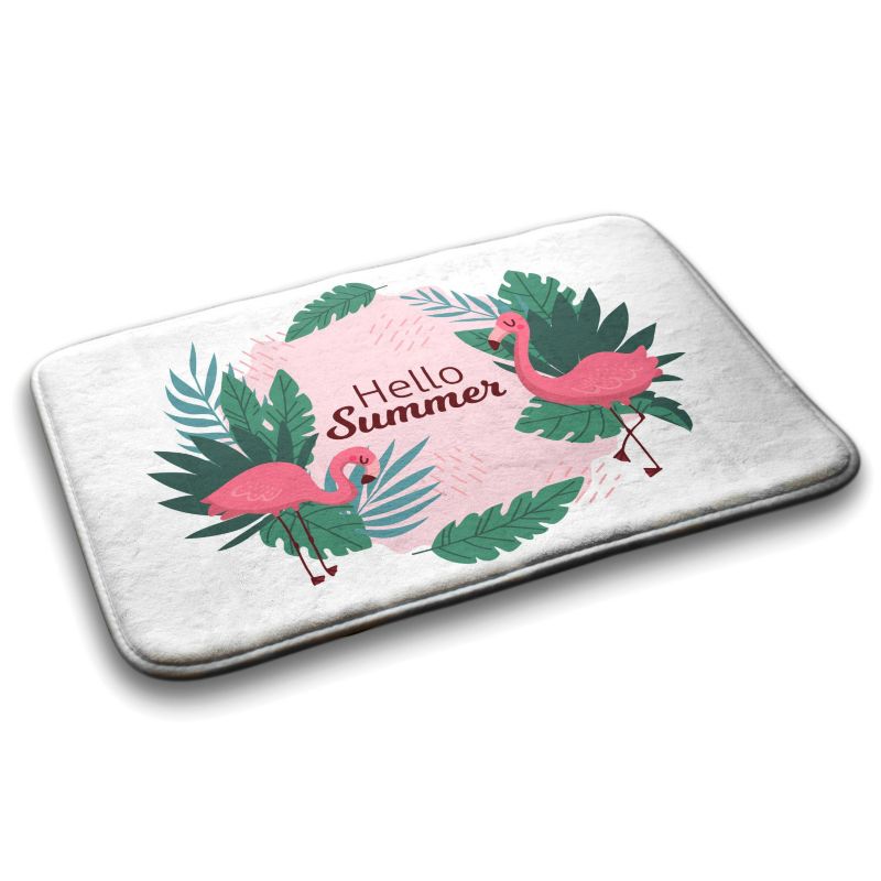 Tulup badeværelsesmåtte 90x60 cm med flamingo- og fugleprint, vandafvisende polyester, 1 stk.