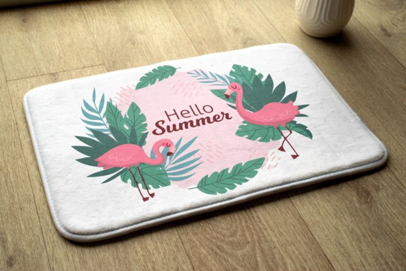 Tulup badeværelsesmåtte 90x60 cm med flamingo- og fugleprint, vandafvisende polyester, 1 stk.