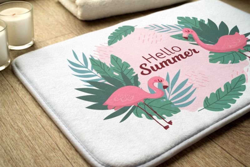 Tulup badeværelsesmåtte 90x60 cm med flamingo- og fugleprint, vandafvisende polyester, 1 stk.