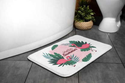 Tulup badeværelsesmåtte 90x60 cm med flamingo- og fugleprint, vandafvisende polyester, 1 stk.