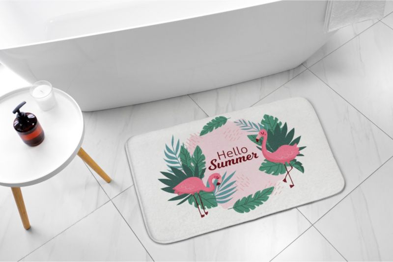 Tulup badeværelsesmåtte 90x60 cm med flamingo- og fugleprint, vandafvisende polyester, 1 stk.