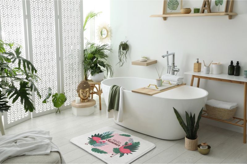Tulup badeværelsesmåtte 90x60 cm med flamingo- og fugleprint, vandafvisende polyester, 1 stk.
