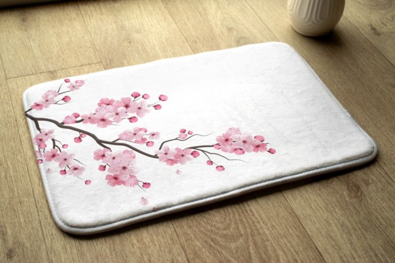 Tulup badeværelsesmåtte 90x60 cm med japanske kirsebærblomster, polyester, vandafvisende, 1 stk.