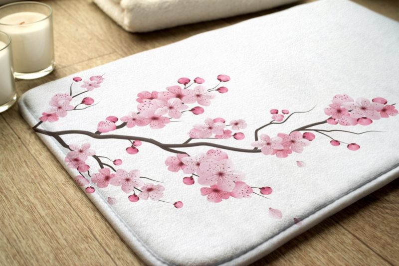 Tulup badeværelsesmåtte 90x60 cm med japanske kirsebærblomster, polyester, vandafvisende, 1 stk.