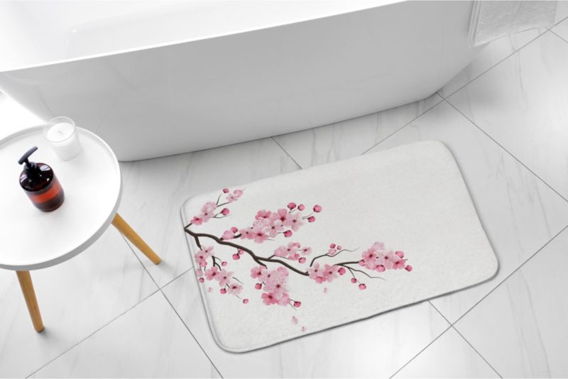Tulup badeværelsesmåtte 90x60 cm med japanske kirsebærblomster, polyester, vandafvisende, 1 stk.