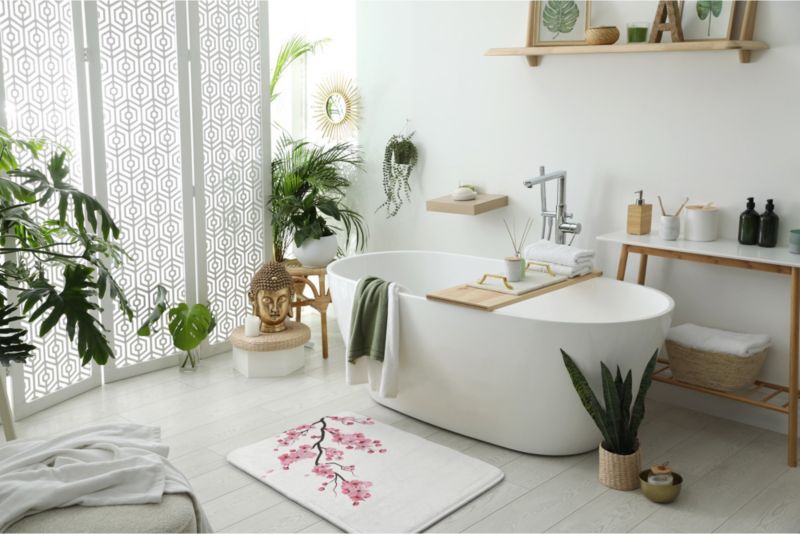 Tulup badeværelsesmåtte 90x60 cm med japanske kirsebærblomster, polyester, vandafvisende, 1 stk.