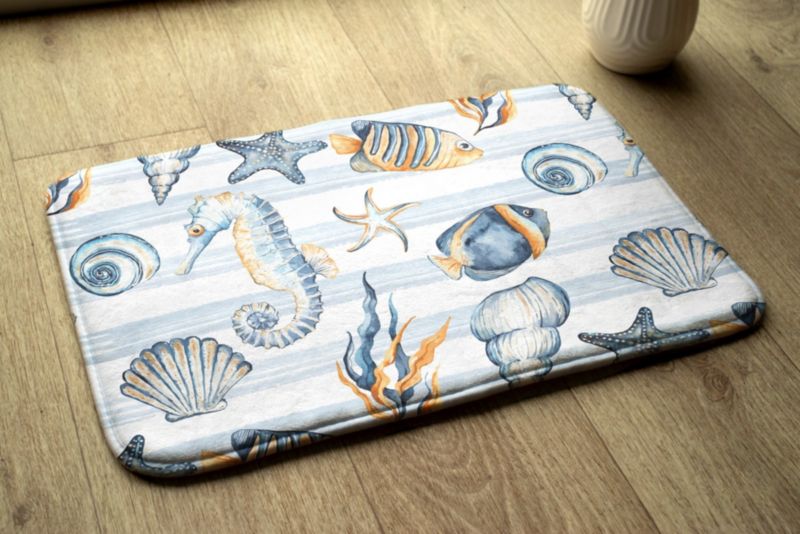 Tulup badeværelsesmåtte 90x60 cm med havdyr i polyester, hurtigtørrende, 1 stk.