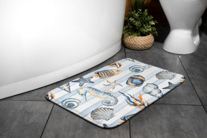 Tulup badeværelsesmåtte 90x60 cm med havdyr i polyester, hurtigtørrende, 1 stk.