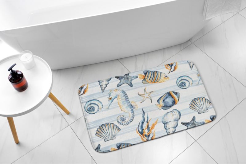Tulup badeværelsesmåtte 90x60 cm med havdyr i polyester, hurtigtørrende, 1 stk.