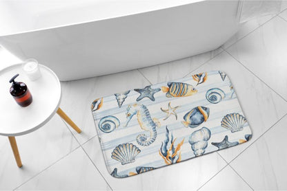 Tulup badeværelsesmåtte 90x60 cm med havdyr i polyester, hurtigtørrende, 1 stk.