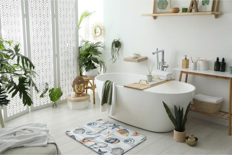 Tulup badeværelsesmåtte 90x60 cm med havdyr i polyester, hurtigtørrende, 1 stk.