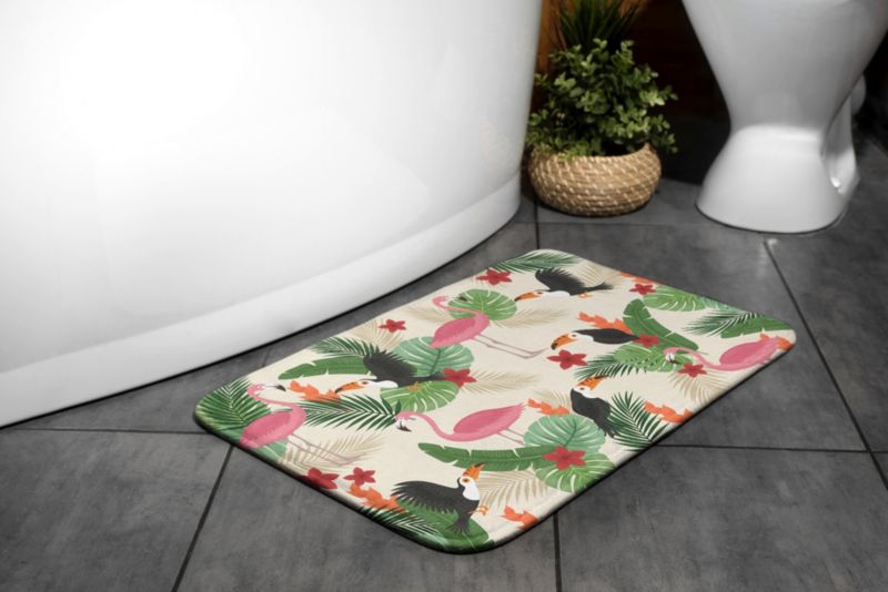 Tulup badeværelsesmåtte 90x60 cm med flamingofugle, polyester, hurtigtørrende, 1 stk.