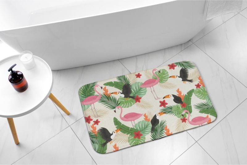 Tulup badeværelsesmåtte 90x60 cm med flamingofugle, polyester, hurtigtørrende, 1 stk.