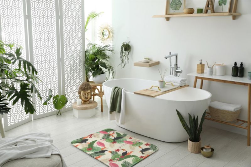 Tulup badeværelsesmåtte 90x60 cm med flamingofugle, polyester, hurtigtørrende, 1 stk.