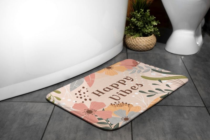 Tulup badeværelsesmåtte 90x60 cm med blomsterdesign i mikrofiber, vandafvisende, 1 stk.