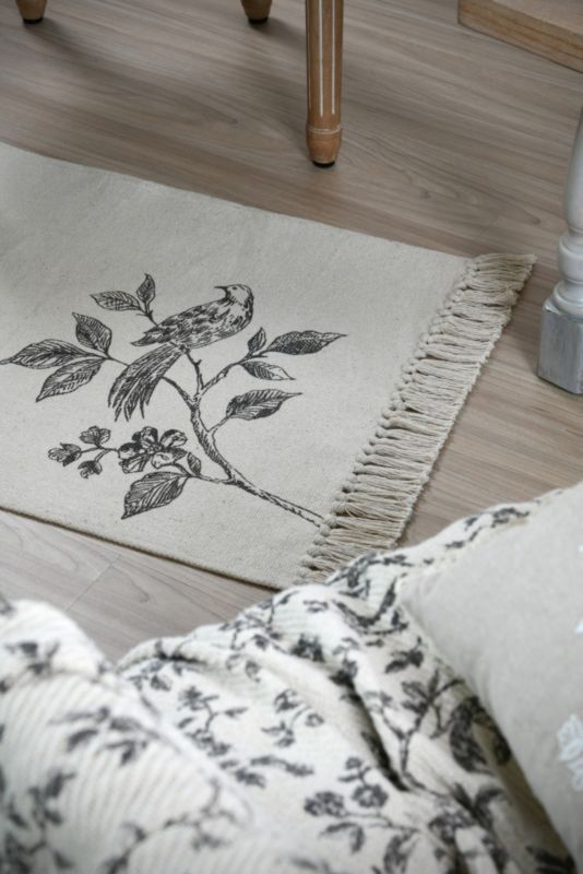 Bomuldstæppe 60x90 cm Ecru med Fuglemotiv