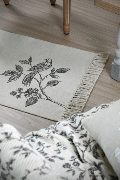 Bomuldstæppe 60x90 cm Ecru med Fuglemotiv