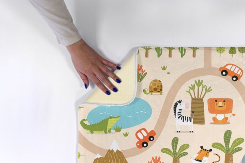 Børnetæppe Tulup 75x45 cm med dyr og biler – blødt og skridsikkert, 1 stk.