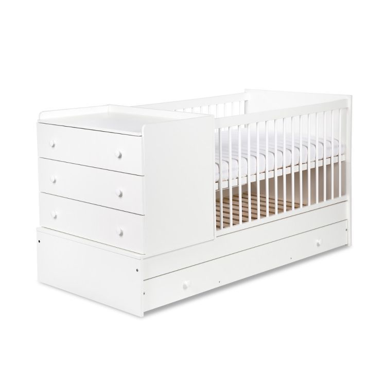 Børneseng Little Sky Kompakt 3W1 120x80 cm Hvid med Kommode