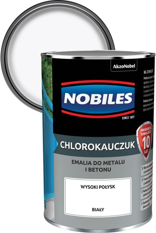 Nobiles klorokautsjuk-emalje til metal og beton, hvid, 0,9 l
