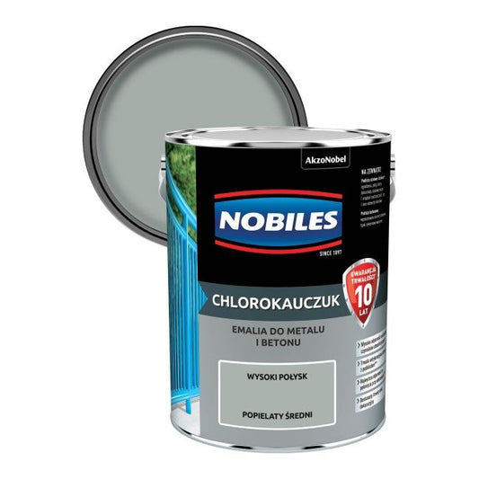 Nobiles chlorokauczuk-emalje til metal og beton i mellemgrå, 5 l