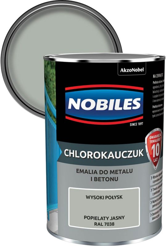Nobiles klorokautsjuk-emalje til metal og beton, lys ask 0,9 l