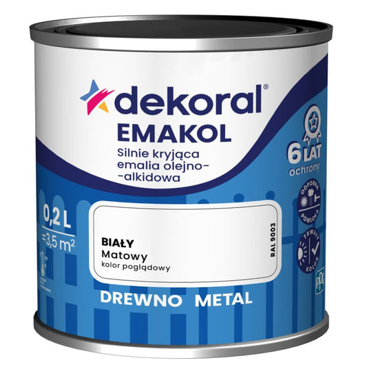 Dekoral Emakol olie-alkyd emalje til træ og metal hvid mat 0,2 l